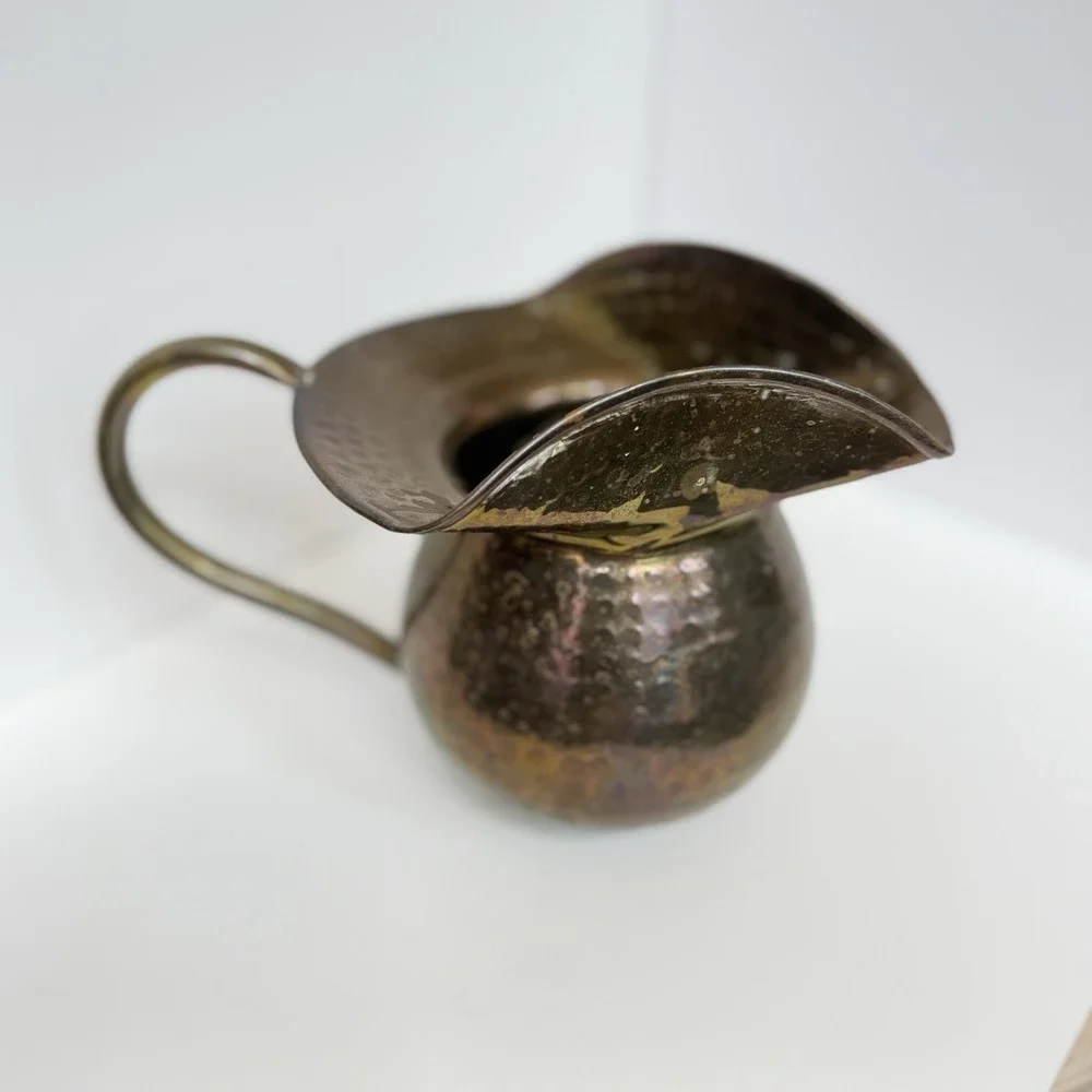 Brass Copper Hammered Old West Tavern Spittoon Style Pitcher Small Vintage
